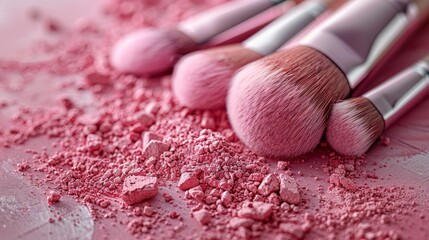 Makeup brushes with pink powder on a textured surface, close-up. Beauty and cosmetics concept