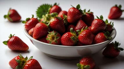 Wall Mural - bunch of strawberry on white table and plain background with dramatic lighting