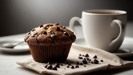 Wall Mural - chocolate chip muffin on white table and plain background with dramatic lighting