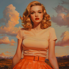 Wall Mural - a painting of a woman in a pink shirt and orange skirt