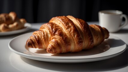 Poster - croissant on plate on white table and plain background with dramatic lighting