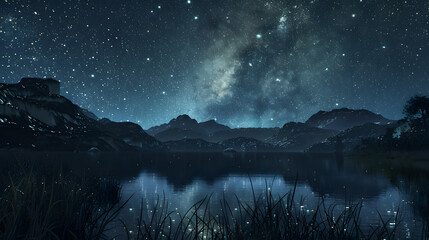 stary night with milky way on the  lake and mountains landscape with grass in the front with reflection