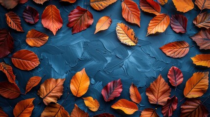 Wall Mural - An artistic arrangement of colorful autumn leaves on a textured blue background, creating a striking visual contrast and a vibrant depiction of the autumn season's essence.