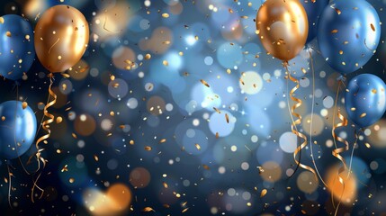 Realistic festive background with golden and blue balloons falling, colorful confetti in the air, blurry background with bokeh lights, perfect for celebration invitations, party banners, and festive e