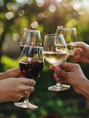 friends tasting wine, hands with wine glasses on blurry background at sunny day