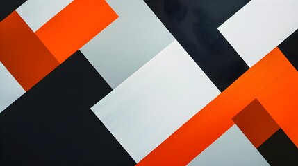 Wall Mural - Geometric abstraction with overlapping squares in white, black, and orange on a dark background. Modern minimalism. Contemporary art concept