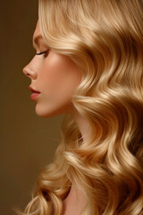 Wall Mural - Profile of a woman with luxurious, wavy blonde hair, showcasing smooth texture and shine, embodying beauty and elegance.