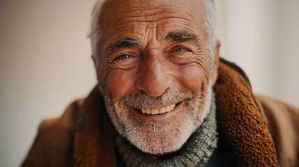 Elderly old senior guy with a lot of wrinkles smiling kind face grey hair and white bread and mustache tan skin