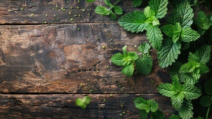 Wall Mural - Lemon balm leaves on rustic table with copy space herbal remedy for sleep and relaxation natural beauty treatment concept