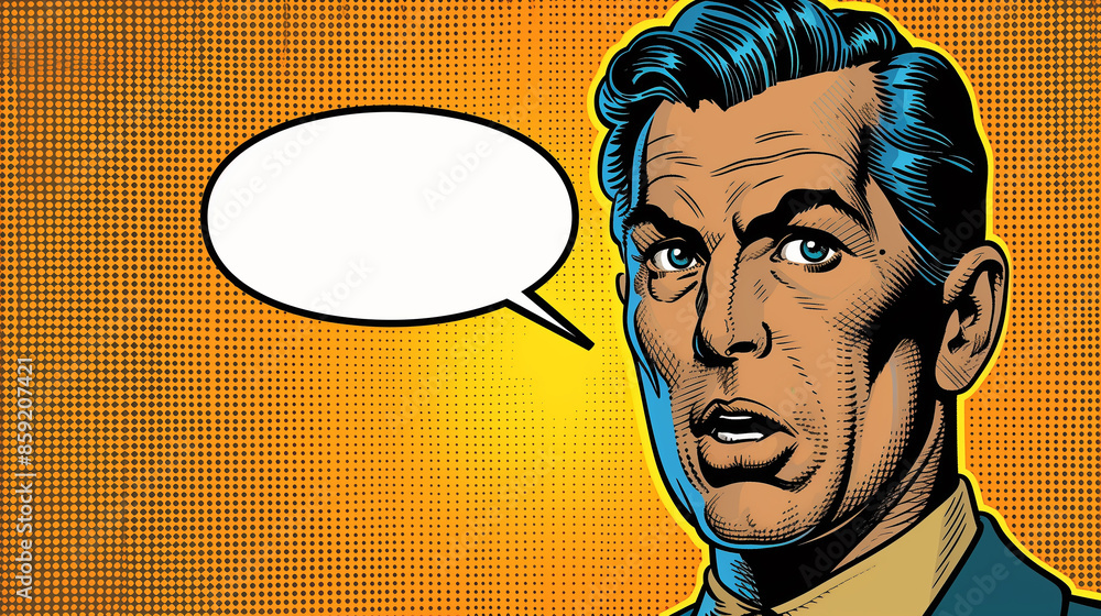 Comic book style man with speech bubble on an orange background ...
