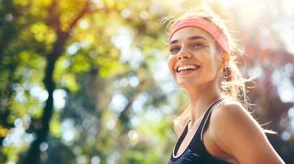 Poster - happy attractive sporty fit young woman, fitness and health concept, sport banner with copy space