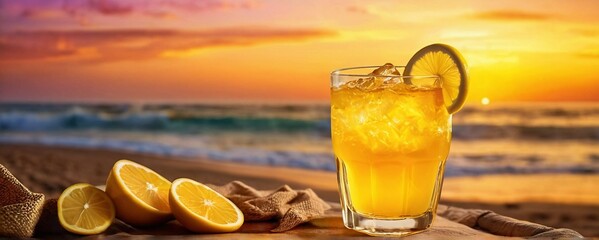 Yellow cold summer alcohol cocktail in rays of sun on blurred sunset by the sea background. Exotic fresh long drink with ice. Refreshing lemon mocktail in glass. Vacation at beach resort, travel