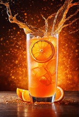 Glowing bright orange cold cocktail with magic water splashing. Refreshing tropical fruit alcohol drink in glass. Long drink or summer cold mocktail. Parties and summer holidays. For bar, menu