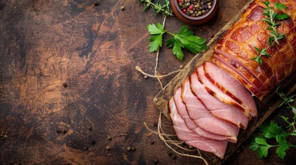 Wall Mural - Sliced ham on rustic table with copy space top view
