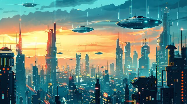 A digital painting of a futuristic city. The city is full of tall buildings, and flying cars. The sky is a gradient of orange and blue.