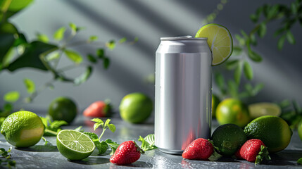 Wall Mural - White aluminum can with strawberries and limes