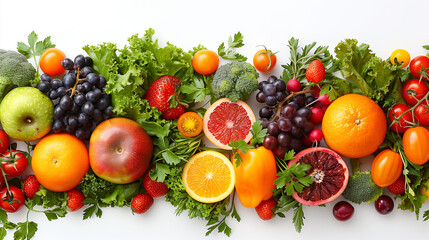 Wall Mural - Lower border of fruits and vegetables on a white background