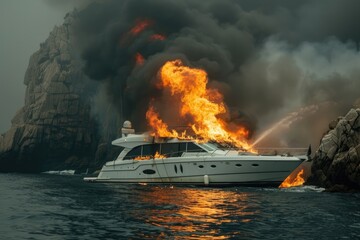 Wall Mural - A boat is on fire in the ocean. The fire is very large and is spreading quickly. There are firefighters trying to put out the fire