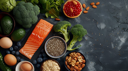 Wall Mural - Aerial view of healthy food including avocado, broccoli, salmon, nuts, oatmeal, berries, eggs, vegetables