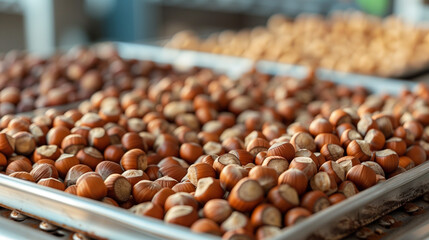 Baking tray full of roasted hazelnuts