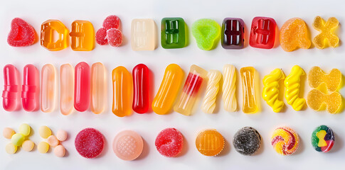 Canvas Print - Collection of soft colorful candies, top view isolated on a white background