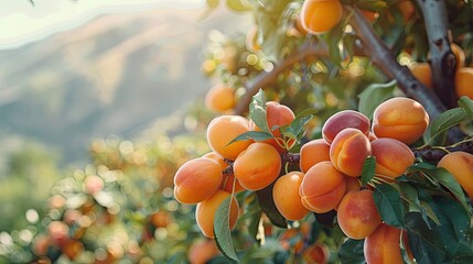 Wall Mural - A tree with many orange peaches hanging from it. The peaches are ripe and ready to be picked