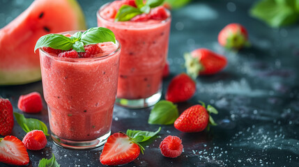 Wall Mural - Smoothies with strawberry, watermelon, basil, berries