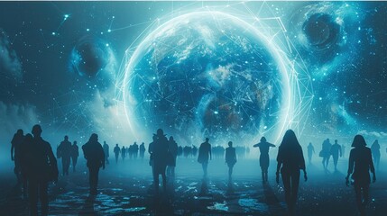 Leinwandbilder - Interconnected human silhouettes circling blue globe. Generative AI.