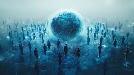 Leinwandbilder - Interconnected human silhouettes circling blue globe. Generative AI.