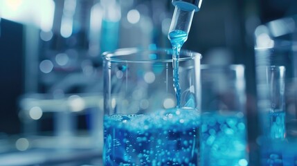 Wall Mural - focused dispensing of reagent into test tube with blue chemical in research lab