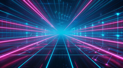 Wall Mural - 3d retro neon blue and pink abstract background with laser lines and dots. Synthwave grid videogame style. Vj futuristic sci-fi 80s 90s y2k wireframe net. Disco music template	
