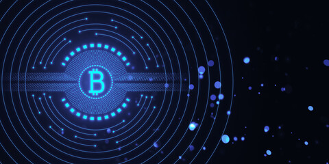 Sticker - Digital illustration of the Bitcoin emblem with circular patterns on a dark blue background, symbolizing cryptocurrency technology. 3D Rendering