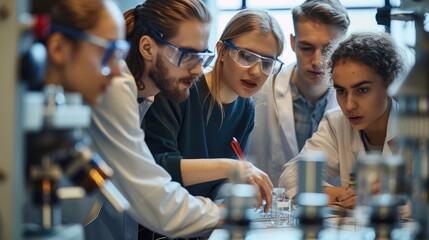 Poster - A group of scientists working with joy and commitment on a physics project. The cohesion of the group can be seen. New colleague looks interested and open-minded. Generative AI.