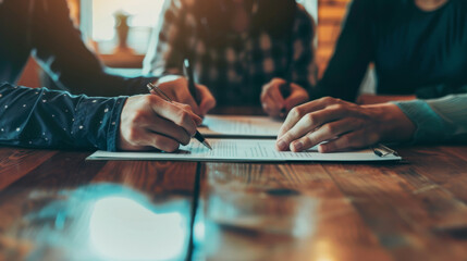 Sticker - A group of people engaged in a collaborative meeting, with hands writing on documents spread across a wooden table, suggesting a concentrated and productive environment.