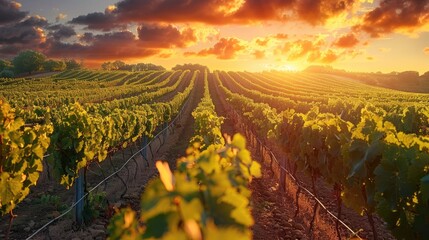 Wall Mural - A vineyard with rows of grapevines under a golden sunset. Generative AI.