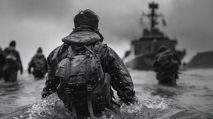 Military personnel walk through water toward ship during stormy weather, group of soldiers from behind set out to defend the coasts during the war