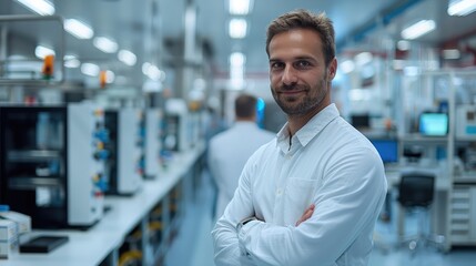 Aufkleber - An handsome electrician in a clean, modern production room within the pharmaceutical industry. stand before a row of advanced, computer-controlled production machines. Generative AI.