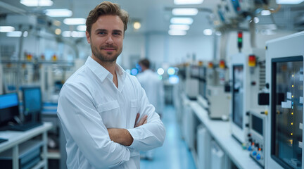 Aufkleber - An handsome electrician in a clean, modern production room within the pharmaceutical industry. stand before a row of advanced, computer-controlled production machines. Generative AI.