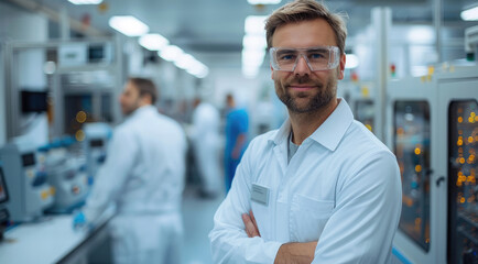 Aufkleber - An handsome electrician in a clean, modern production room within the pharmaceutical industry. stand before a row of advanced, computer-controlled production machines. Generative AI.