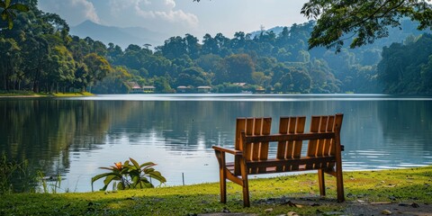 Wall Mural - Scenic Lake View with Wooden Bench
