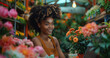 © visoot - Afro woman florist, flower shop owner, using computer laptop at flower shop, smiling exciting. Generative AI.