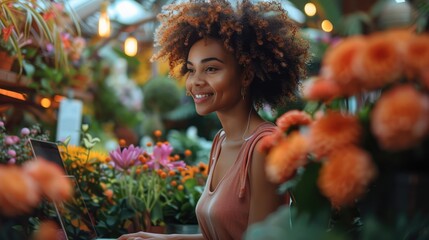 Poster - Afro woman florist, flower shop owner, using computer laptop at flower shop, smiling exciting. Generative AI.