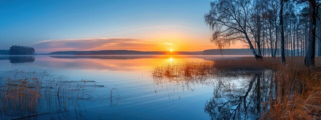 Wall Mural - Sunrise Over Tranquil Lake With Mist