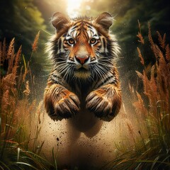 Wall Mural - High-speed photography of a tiger Jumping in the tall grass, motion blur and a fast shutter speed