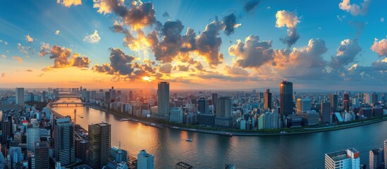 Wall Mural - Sunset Over Urban Skyline with River