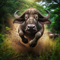 Wall Mural - High-speed photography of a buffalo Jumping in the tall grass, motion blur and a fast shutter speed
