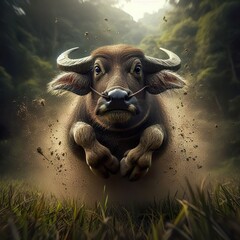 Wall Mural - High-speed photography of a buffalo Jumping in the tall grass, motion blur and a fast shutter speed