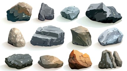 A set of ten different cartoon rocks. The rocks are all different shapes and sizes, and they are all rendered in a realistic style.