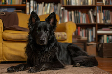 Wall Mural - a black dog laying on a rug in front of a book shelf