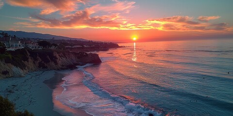 Sticker - Sunset Over Coastal Cliffs With Houses